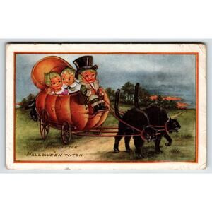 Halloween Postcard Green Haired Pixies Children Black Cats Cart Whitney Fantasy